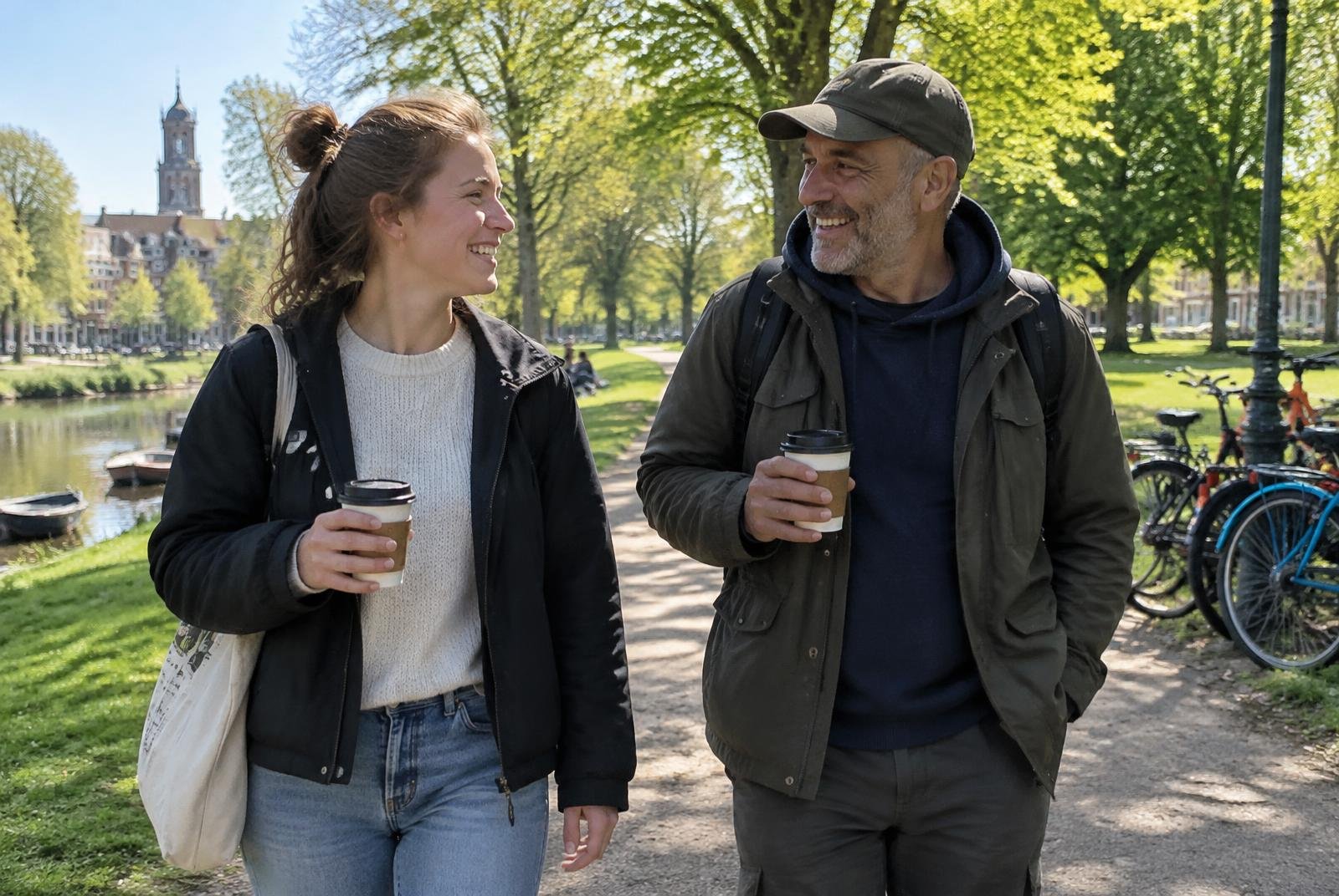Twee mensen wandelen en praten langs het water